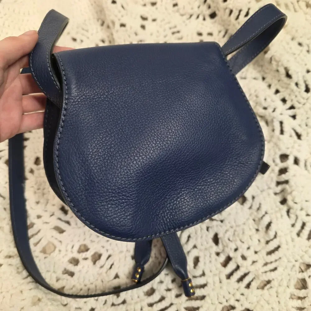 Chloé Marcie Small Saddle Crossbody Bag Navy Blue Grained Leather Gold Hardware